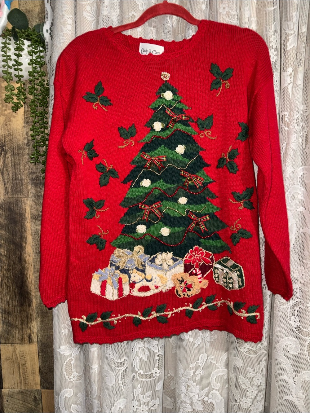Vintage Carly St. Claire Red Christmas Tree Sweater - Women's Size S